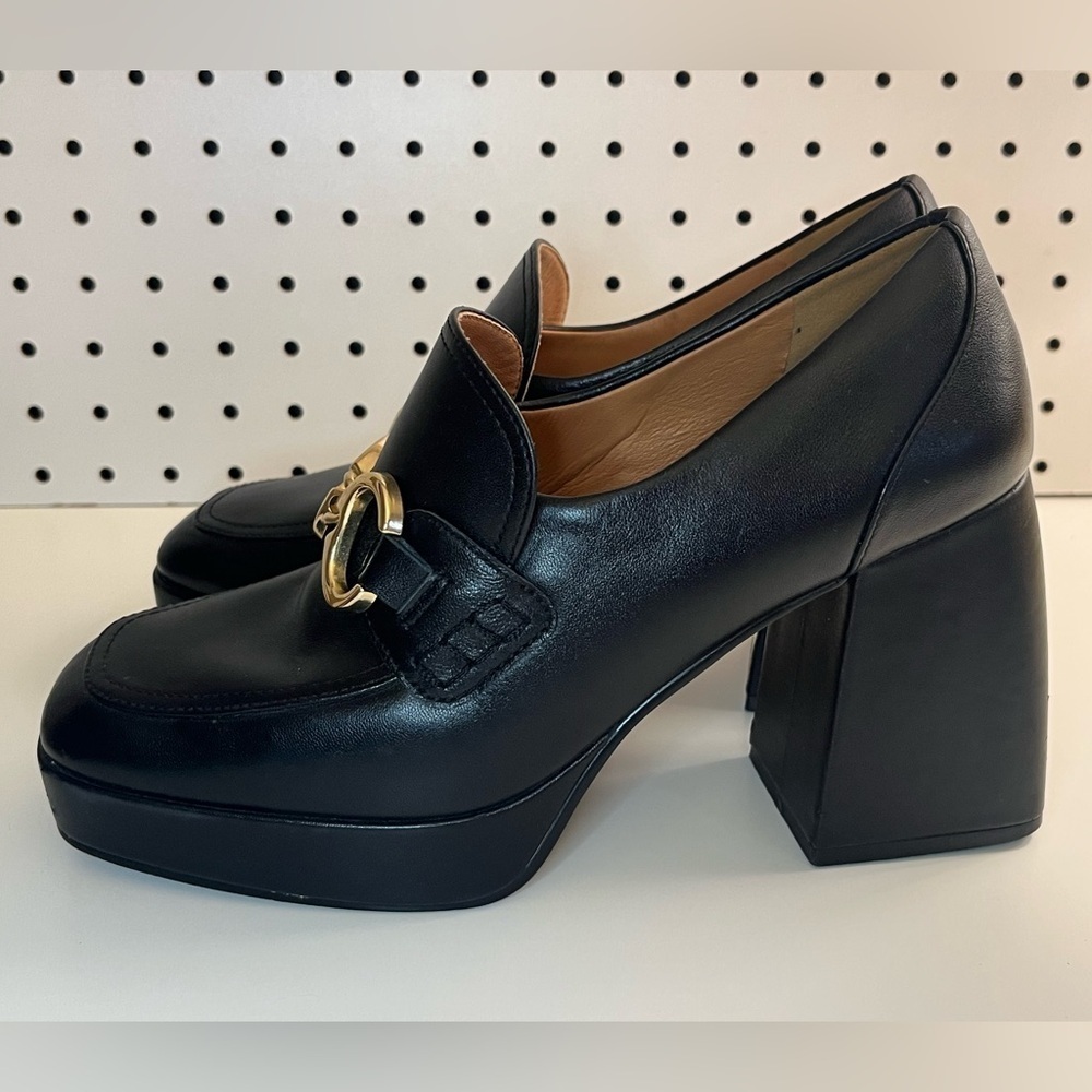 Lisa Vicky NOW Platform Loafer Pumps Black & Gold Medallion, Block Heel, Size 8 - Picture 7 of 16